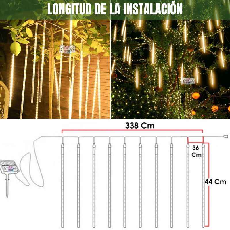INSTALACIÓN LLUVIA DE METEORO 10 TUBOS CON 288 LUCES LED | PANEL SOLAR