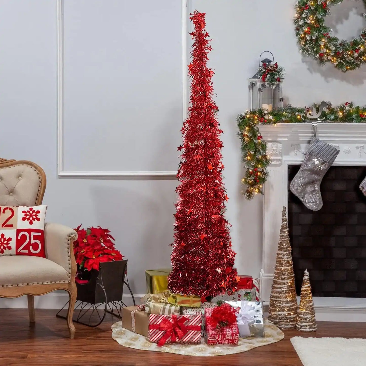 Árbol de navidad plegable de colores decorado + Instalación de 200 Bombillos LED