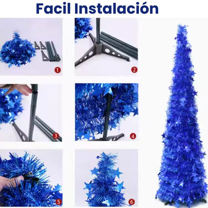 Árbol de navidad plegable de colores decorado + Instalación de 200 Bombillos LED