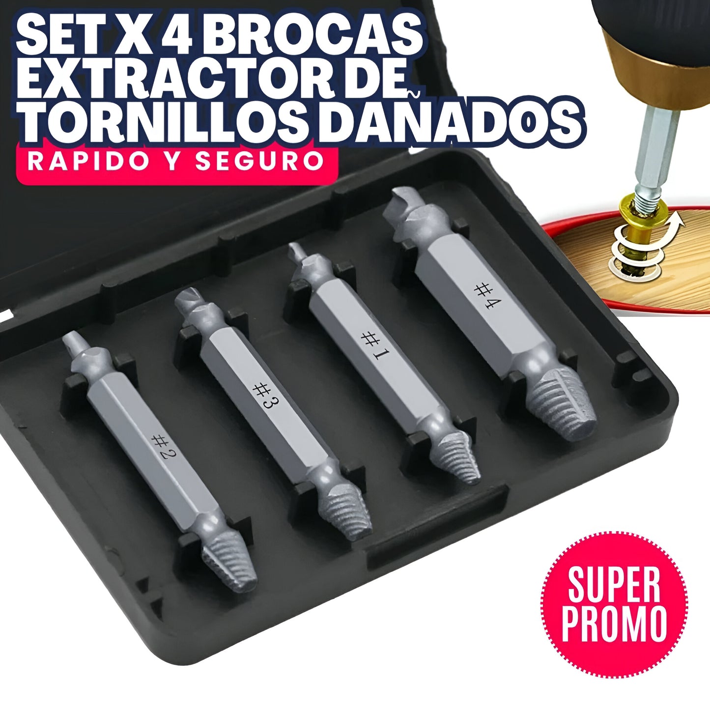 SCREWOUT™: SET X 4 BROCAS EXTRACTOR DE TORNILLOS DAÑADOS | RÁPIDO Y SEGURO