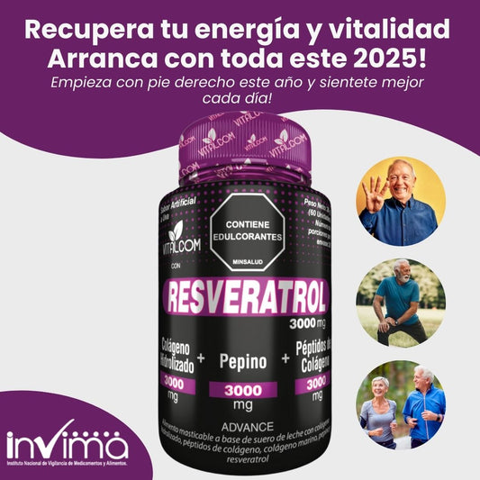 Resveratrol + Colágeno Hidrolizado + Péptidos de Colágeno 60 Capsulas