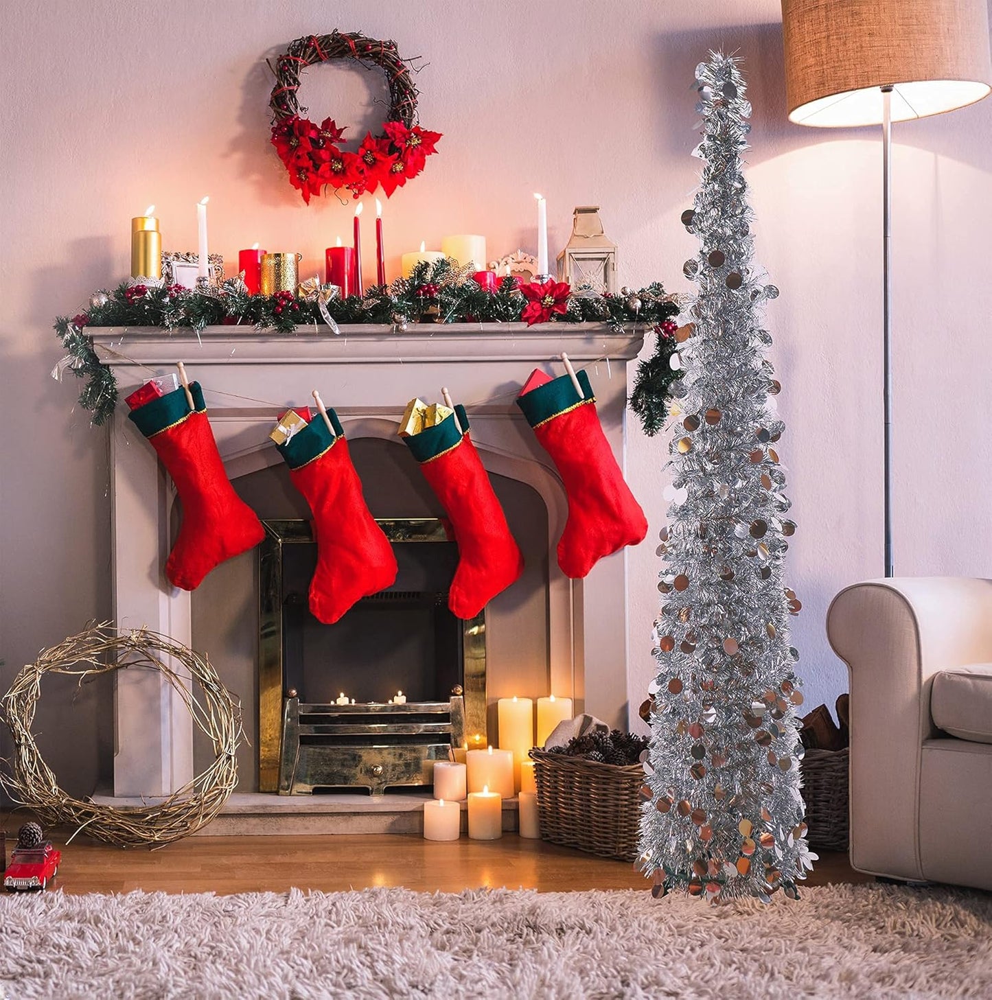 Árbol de navidad plegable de colores decorado + Instalación de 200 Bombillos LED