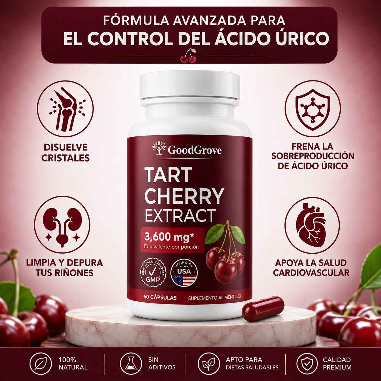 Suplemento de cereza acida para controlar el ácido úrico | 60 Capsulas