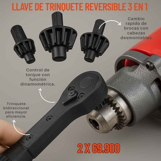 Llave de trinquete reversible 3 en 1