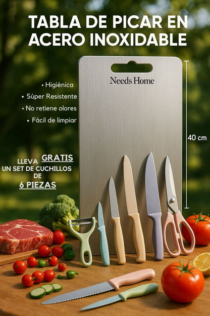 TitanWare™: Tabla para Picar en Acero Inoxidable+ Obsequio: Set de Cuchillos X6