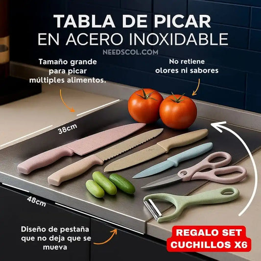 Tabla de picar en acero inoxidable + Obsequio: Set cuchillos x6 und