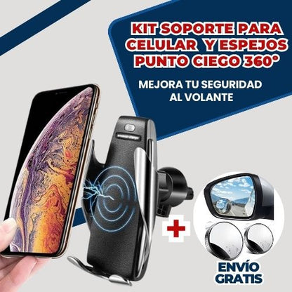 KIT SOPORTE PARA CELULAR CON SENSOR Y CARGA INALAMBRICA Y ESPEJOS PUNTO CIEGO 360º